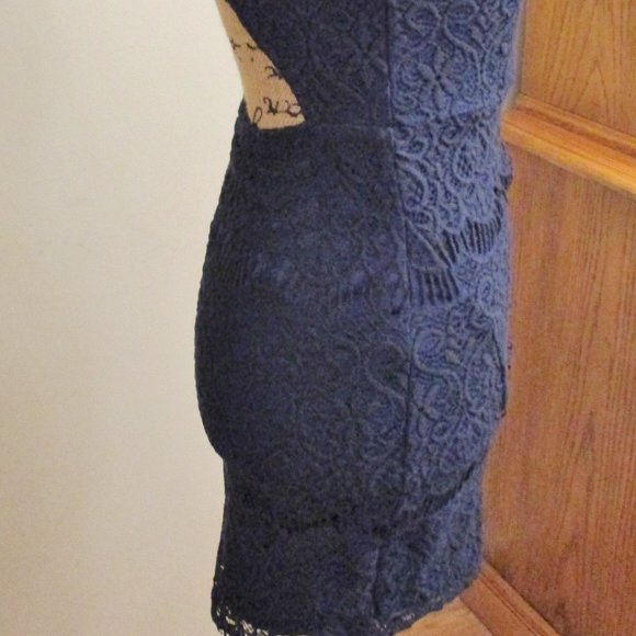 Hello Molly Women's Low Cut Bodycon Dress, Lace, Navy Blue, Criss Cross, Size 10 - Picture 10 of 16